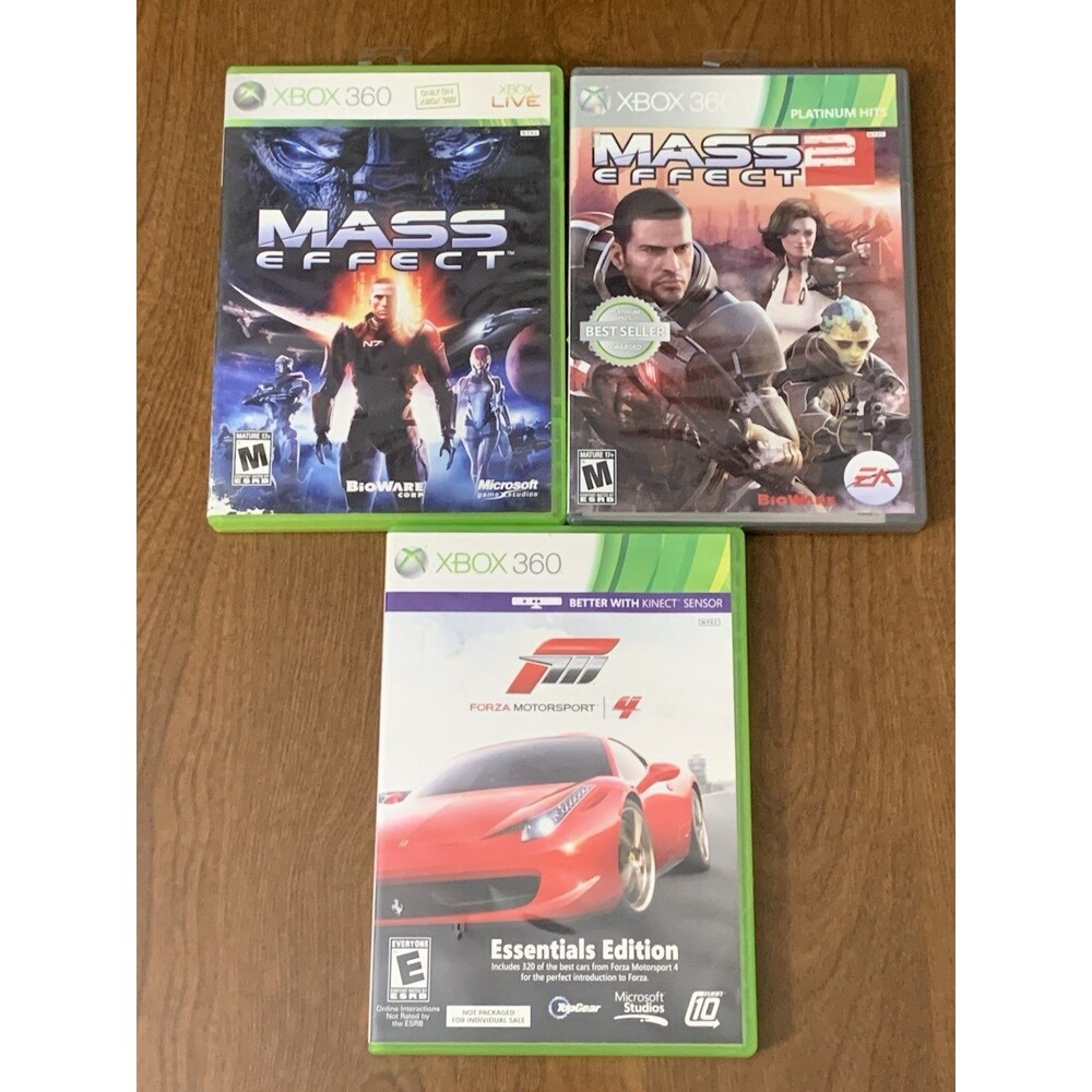 3 Xbox 360 Game Lot: Mass Effect 1 (Worn Cover), 2 (2 Discs), Forza 4 Essentials
